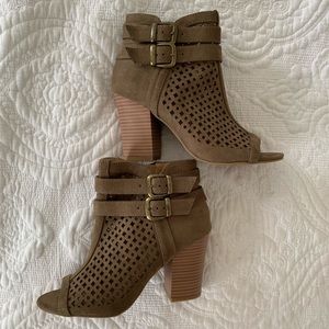Olive green open toe booties